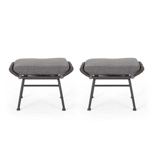 Outdoor Modern Boho Wicker Ottoman With Cushions (Set of 2)