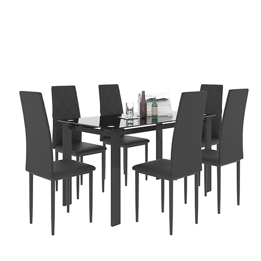 Modern 7 Piece Dining Table Set With Glass Top And Chairs - Black