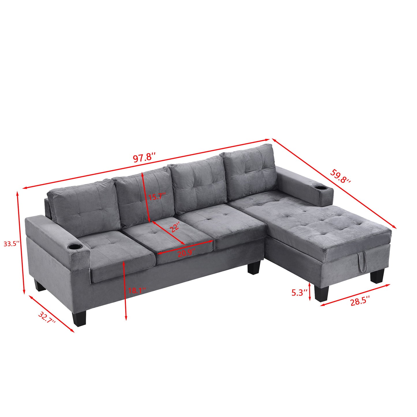 Modern Sectional Sofa Set With L Shape Chaise Lounge And Storage