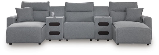 Modmax II - 5-Piece Power Reclining Sectional With Double Chaise, Power Armless Recliner And 2 Audio Consoles - Salt And Pepper - Next-Gen Nuvella